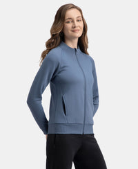 Super Combed Cotton Rich Fleece Fabric Full Zip High Neck Jacket with Front Pockets - Vintage Indigo