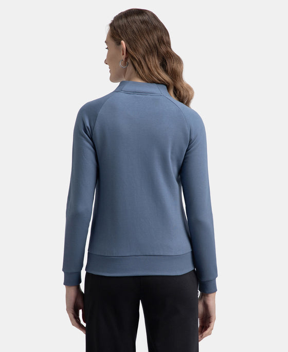 Super Combed Cotton Rich Fleece Fabric Full Zip High Neck Jacket with Front Pockets - Vintage Indigo