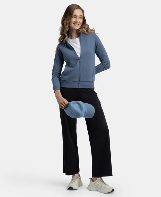 Super Combed Cotton Rich Fleece Fabric Full Zip High Neck Jacket with Front Pockets - Vintage Indigo