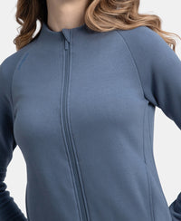 Super Combed Cotton Rich Fleece Fabric Full Zip High Neck Jacket with Front Pockets - Vintage Indigo