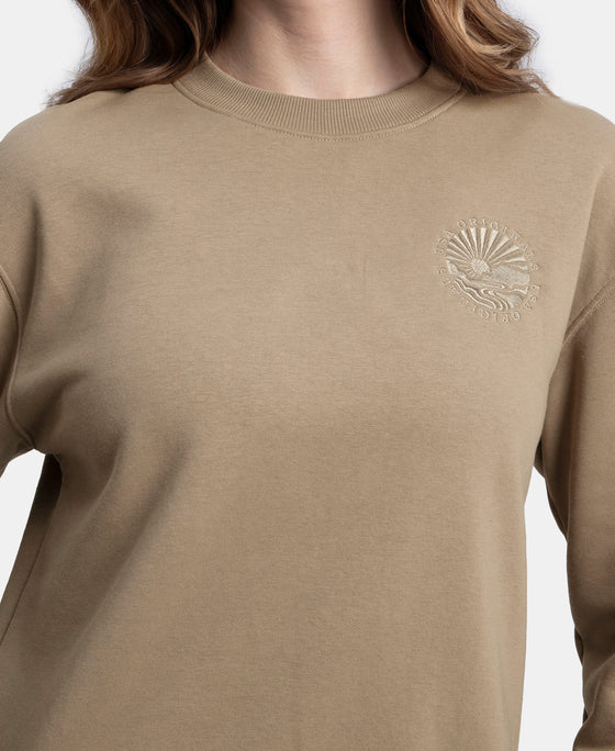 Super Combed Cotton Rich Fleece Fabric Printed Sweatshirt with Drop Shoulder Styling - Desert Taupe