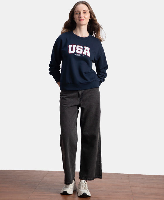 Super Combed Cotton Rich Fleece Fabric Oversized Printed Sweatshirt with StayWarm Tech - Navy