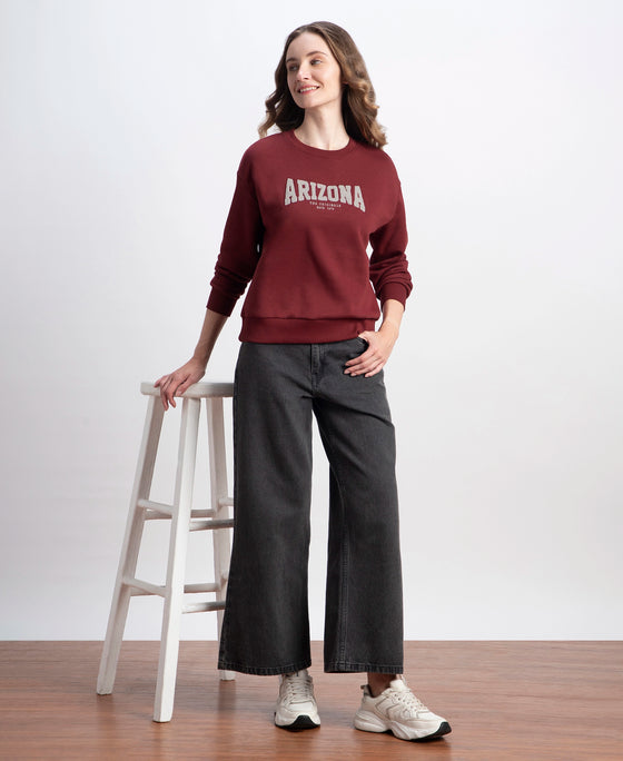 Super Combed Cotton Rich Fleece Fabric Oversized Printed Sweatshirt with StayWarm Tech - Pomegranate