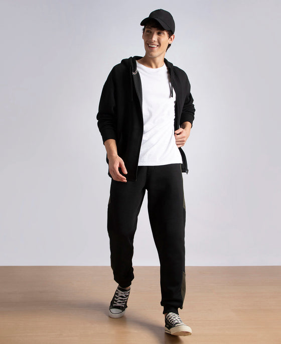 Super Combed Cotton Rich Fleece Fabric Regular Fit Jogger with Zipper Pockets - Black