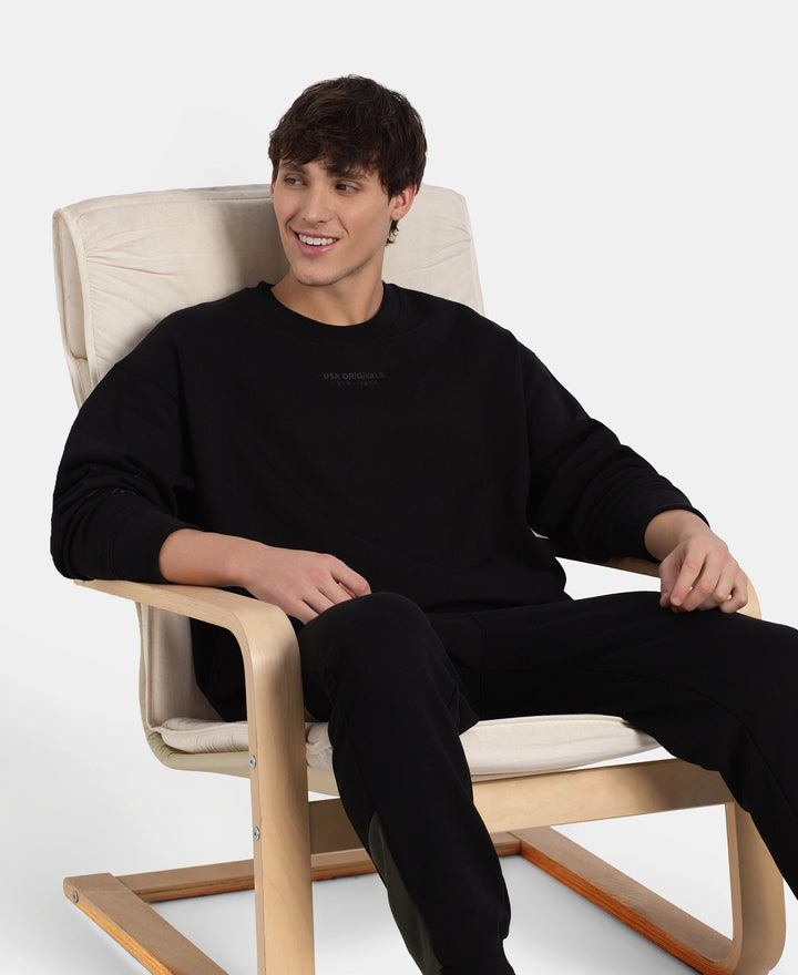 Super Combed Cotton Rich Graphic Print Fleece Sweatshirt with StayWarm Technology - Black