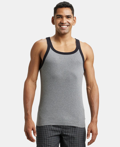 Super Combed Cotton Rib Square Neck Gym Vest - Mid Grey Melange & Black