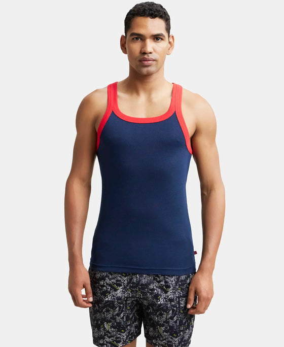 Super Combed Cotton Rib Square Neck Gym Vest - Navy & Red Pepper