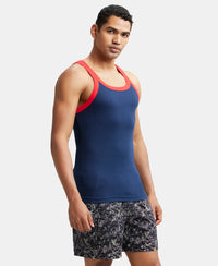 Super Combed Cotton Rib Square Neck Gym Vest - Navy & Red Pepper