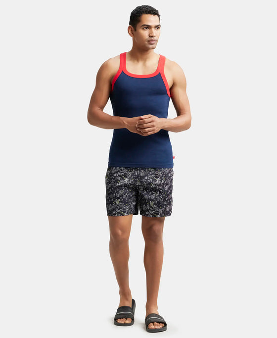 Super Combed Cotton Rib Square Neck Gym Vest - Navy & Red Pepper
