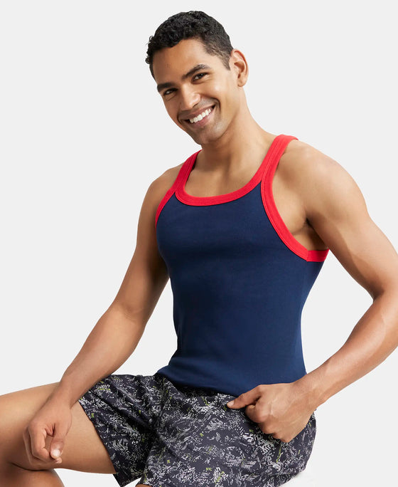Super Combed Cotton Rib Square Neck Gym Vest - Navy & Red Pepper