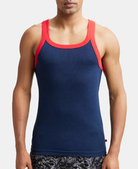 Super Combed Cotton Rib Square Neck Gym Vest - Navy & Red Pepper