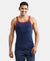 Super Combed Cotton Rib Square Neck Gym Vest with Graphic Print - Ink Blue Melange