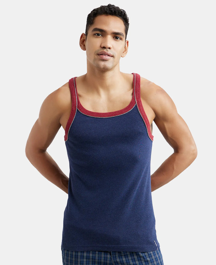 Super Combed Cotton Rib Square Neck Gym Vest with Graphic Print - Ink Blue Melange