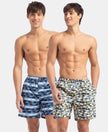 Super Combed Mercerized Cotton Woven Printed Boxer Shorts with Side Pockets - Blue Heaven & White (Pack of 2)