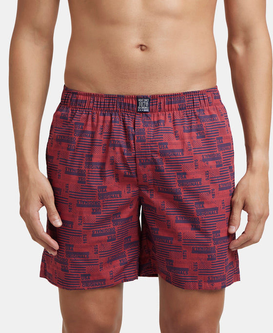 Super Combed Mercerized Cotton Woven Printed Boxer Shorts with Side Pockets - Nickel & Brickred (Pack of 2)