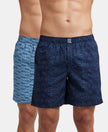 Super Combed Mercerized Cotton Woven Printed Boxer Shorts with Side Pockets - Navy & Blue Heaven (Pack of 2)