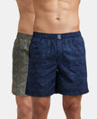 Super Combed Mercerized Cotton Woven Printed Boxer Shorts with Side Pockets - Navy & Burnt Olive (Pack of 2)