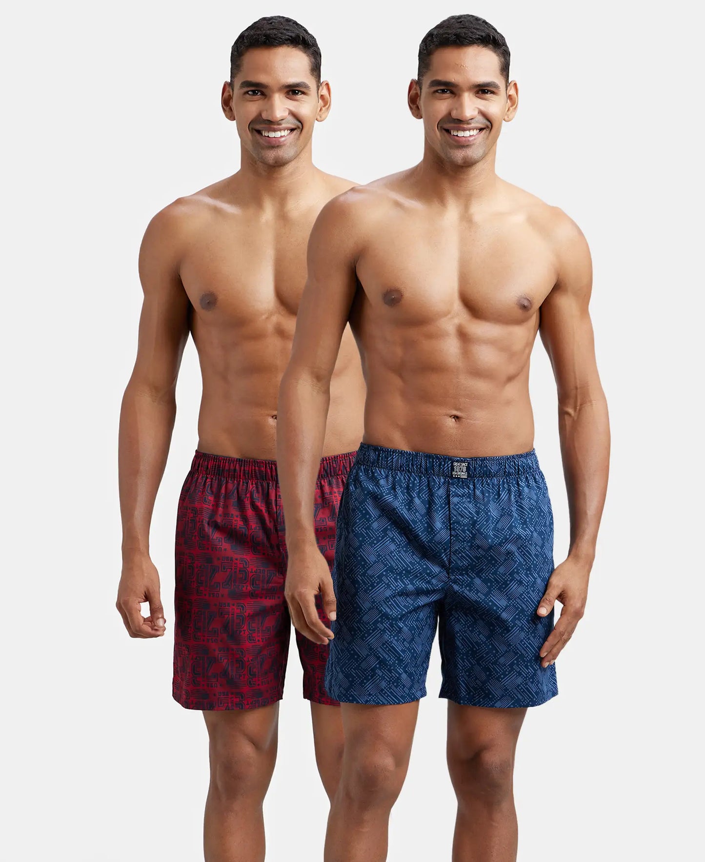 Super Combed Mercerized Cotton Woven Printed Boxer Shorts with Side Pockets - Navy Brick Red (Pack of 2)
