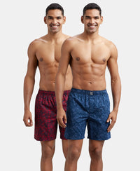 Super Combed Mercerized Cotton Woven Printed Boxer Shorts with Side Pockets - Navy Brick Red (Pack of 2)