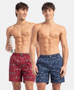 Super Combed Mercerized Cotton Woven Printed Boxer Shorts with Side Pockets - Navy & Karanda Red (Pack of 2)