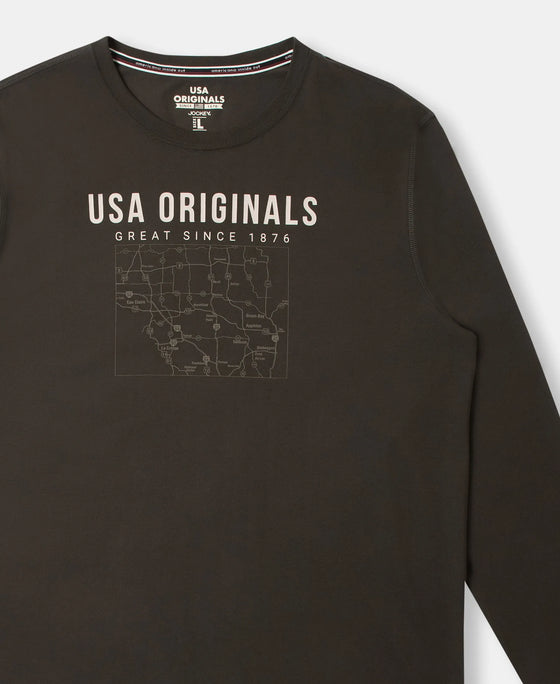 Super Combed Cotton Rich Graphic Printed Round Neck Full Sleeve T-Shirt - Deep Olive USA