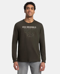 Super Combed Cotton Rich Graphic Printed Round Neck Full Sleeve T-Shirt - Deep Olive USA
