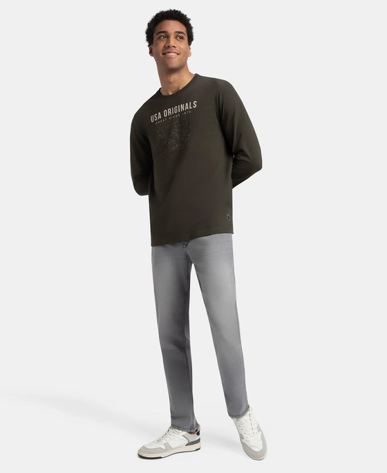 Super Combed Cotton Rich Graphic Printed Round Neck Full Sleeve T-Shirt - Deep Olive USA