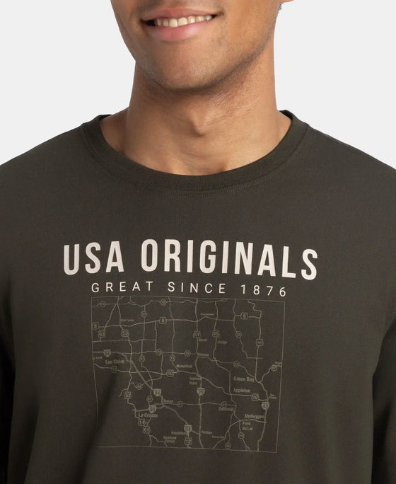 Super Combed Cotton Rich Graphic Printed Round Neck Full Sleeve T-Shirt - Deep Olive USA