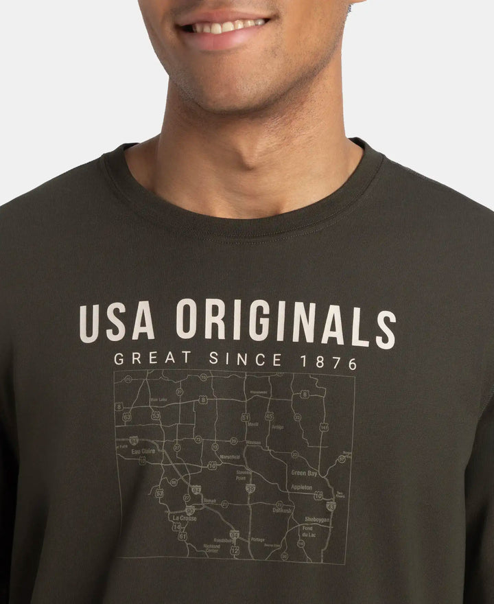 Super Combed Cotton Rich Graphic Printed Round Neck Full Sleeve T-Shirt - Deep Olive USA