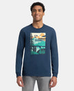 Super Combed Cotton Rich Graphic Printed Round Neck Full Sleeve T-Shirt - Insignia Blue USA