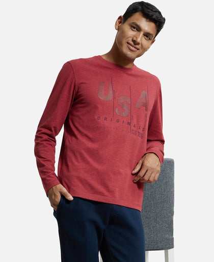 Super Combed Cotton Rich Graphic Printed Round Neck Full Sleeve T-Shirt - Red Melange