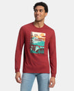 Super Combed Cotton Rich Graphic Printed Round Neck Full Sleeve T-Shirt - Red Melange USA