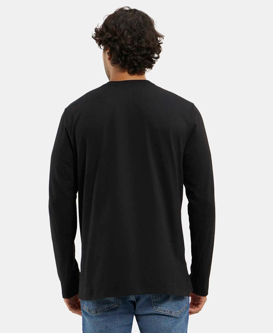 Super Combed Cotton Rich Solid Full Sleeve Henley T-Shirt - Black-3