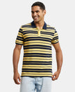 Super Combed Cotton Rich Striped Polo T-Shirt - Corn Silk & Navy