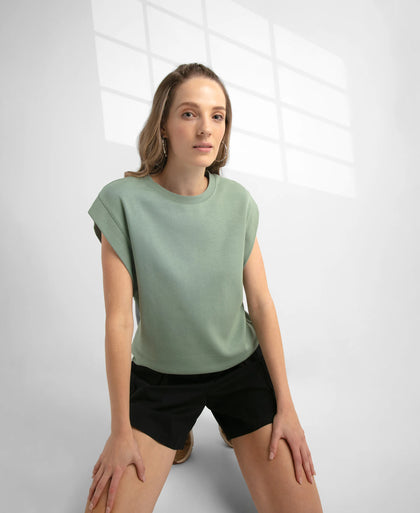 Super Combed Cotton Rich Hybrid Tank Top with Ribbed Sleeves - Lily Pad