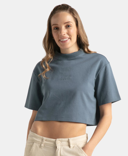 Super Combed Cotton Rich Elastane Stretch Oversized Boxy Fit Crop Top - Blue Mirage