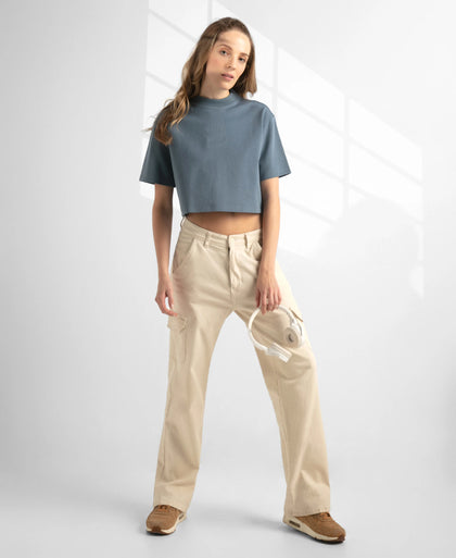 Super Combed Cotton Rich Elastane Stretch Oversized Boxy Fit Crop Top - Blue Mirage