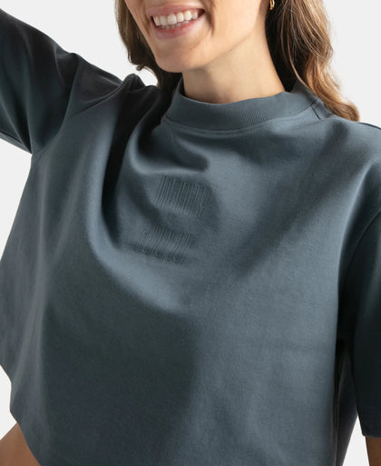 Super Combed Cotton Rich Elastane Stretch Oversized Boxy Fit Crop Top - Blue Mirage