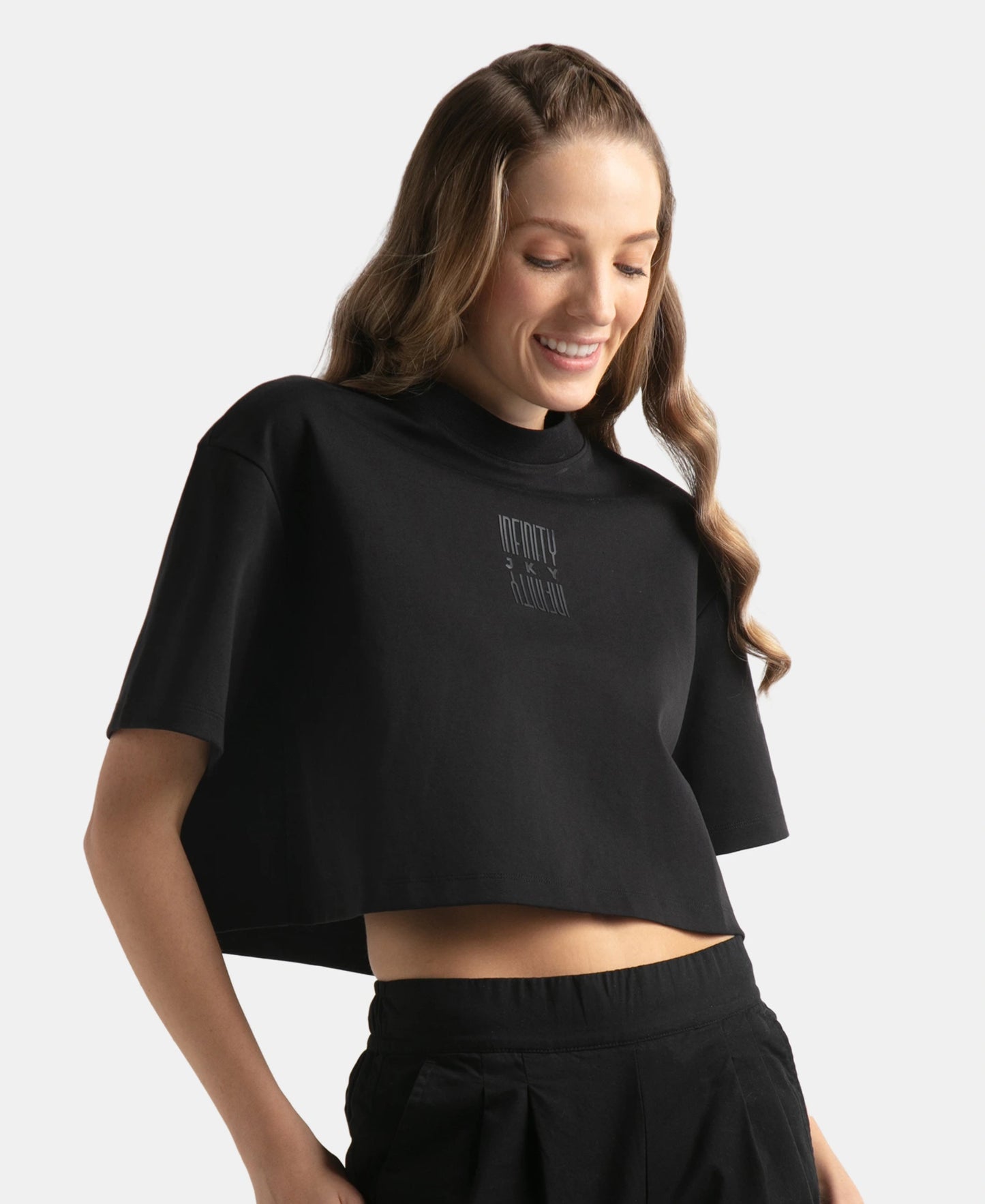 Super Combed Cotton Rich Elastane Stretch Oversized Boxy Fit Crop Top - Deep Black