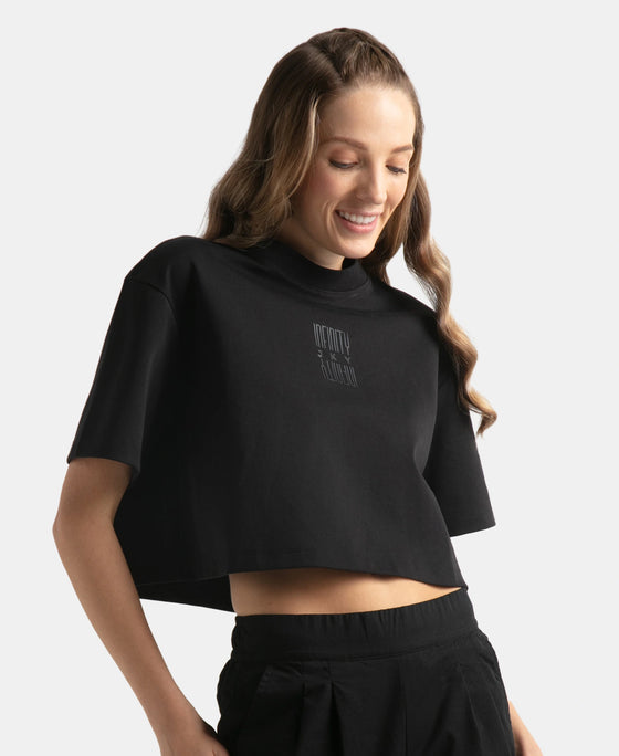 Super Combed Cotton Rich Elastane Stretch Oversized Boxy Fit Crop Top - Deep Black