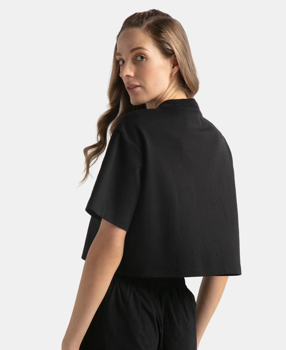Super Combed Cotton Rich Elastane Stretch Oversized Boxy Fit Crop Top - Deep Black