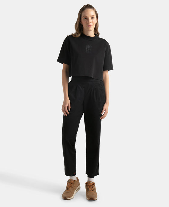 Super Combed Cotton Rich Elastane Stretch Oversized Boxy Fit Crop Top - Deep Black