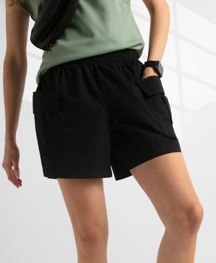 Super Combed Cotton Regular Fit Hybrid Cargo Shorts - Black