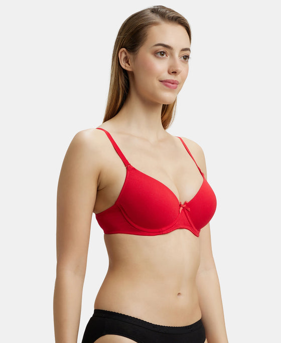Under-Wired Padded Super Combed Cotton Elastane Medium Coverage T-Shirt Bra with Detachable Straps - Sangria Red-2