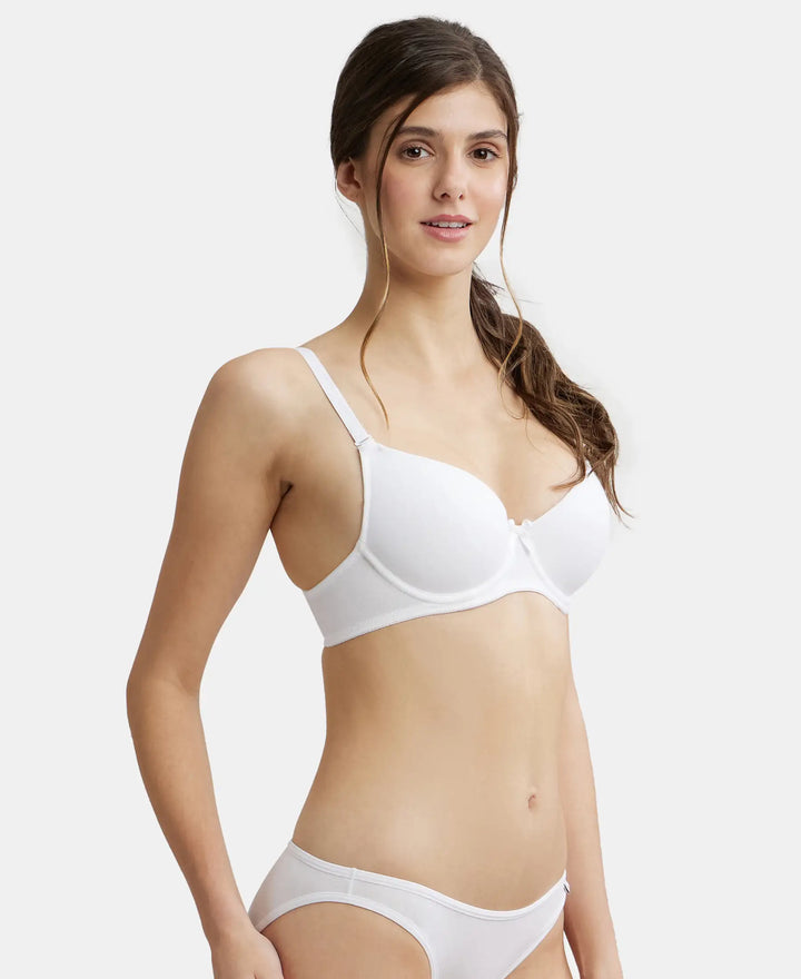 Under-Wired Padded Super Combed Cotton Elastane Medium Coverage T-Shirt Bra with Detachable Straps - White-2