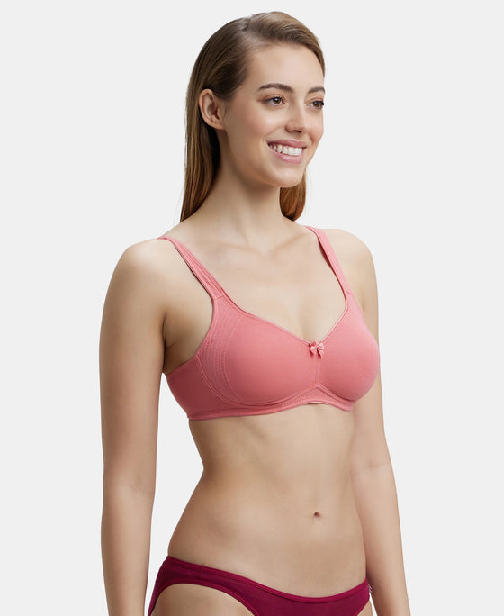 Wirefree Non Padded Super Combed Cotton Elastane Full Coverage Everyday Bra with Contoured Shaper Panel and Adjustable Straps - Blush Pink-2