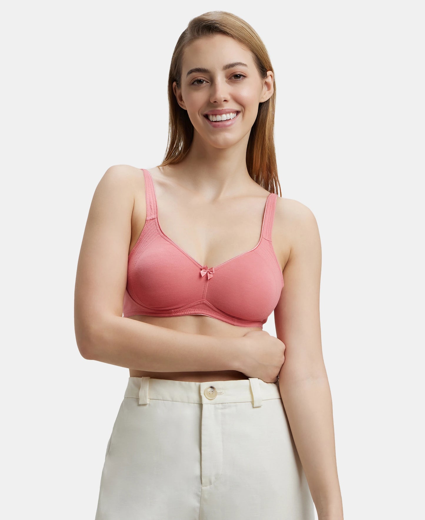 Wirefree Non Padded Super Combed Cotton Elastane Full Coverage Everyday Bra with Contoured Shaper Panel and Adjustable Straps - Blush Pink-5