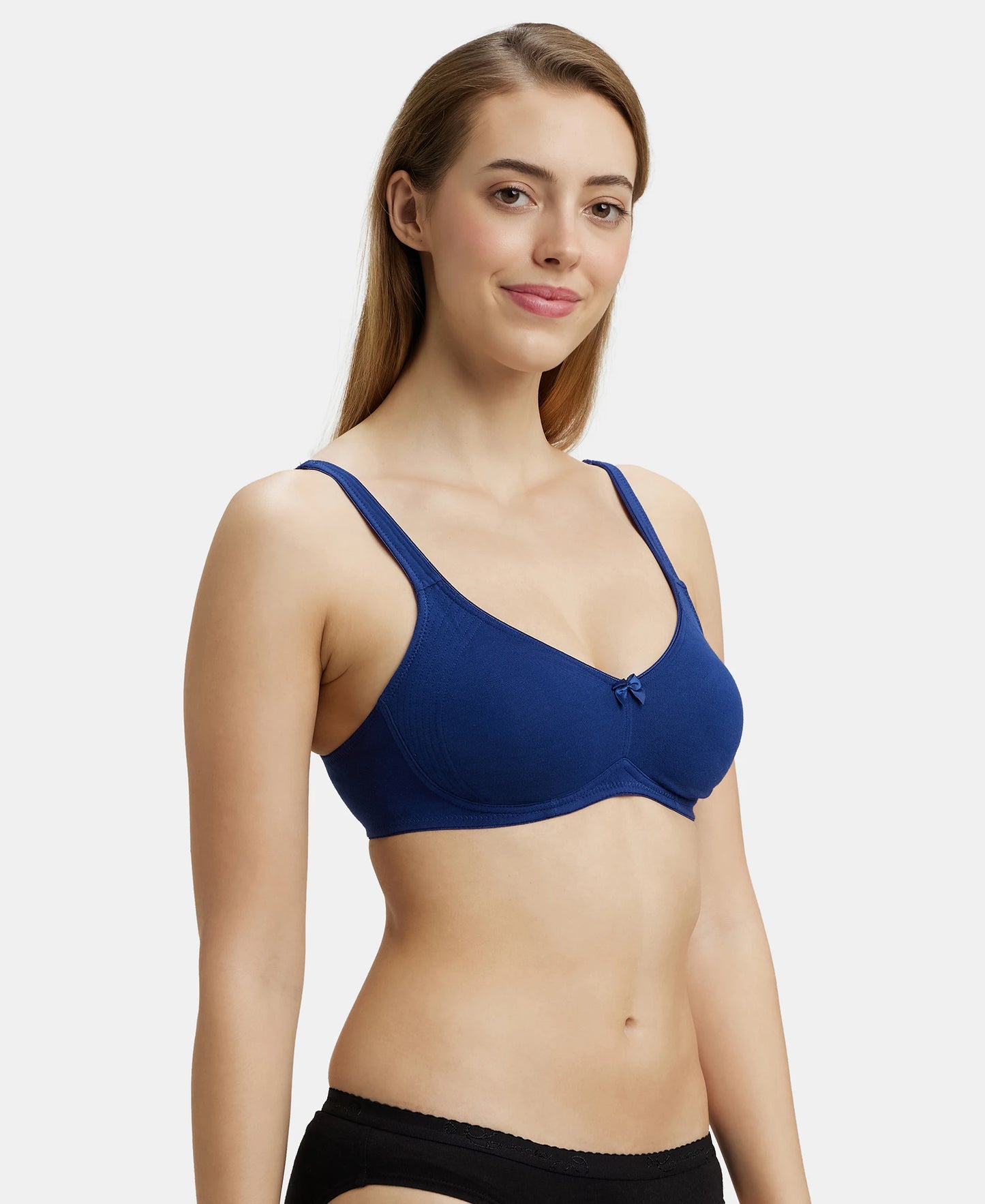 Wirefree Non Padded Super Combed Cotton Elastane Full Coverage Everyday Bra with Contoured Shaper Panel and Adjustable Straps - Blue Depth-2