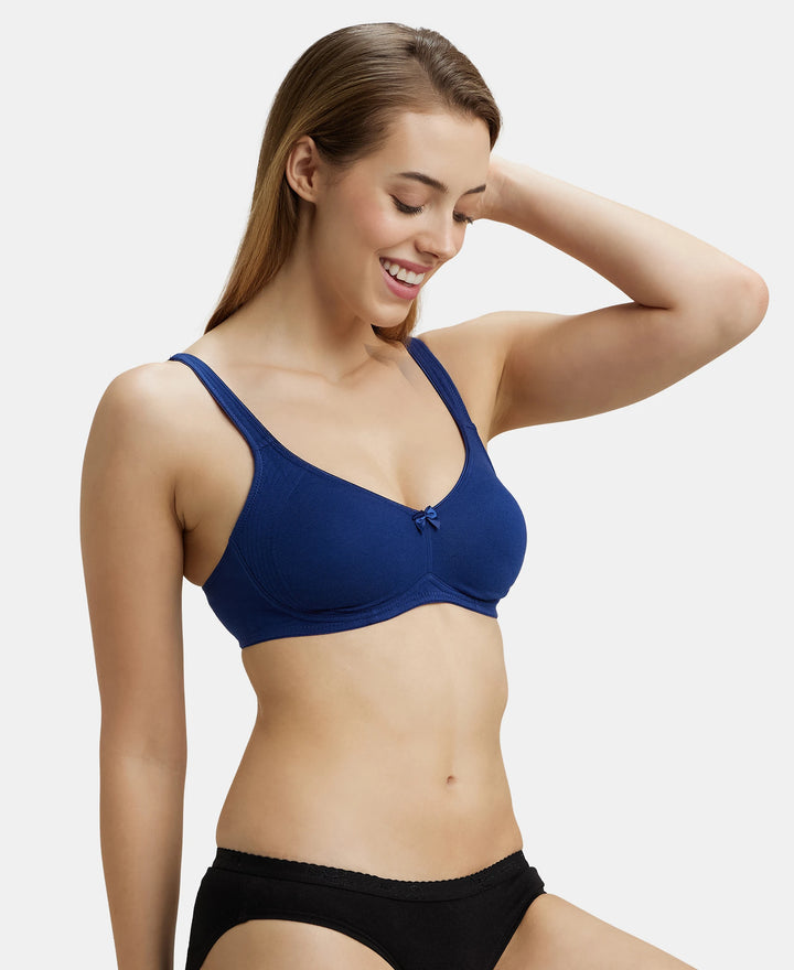 Wirefree Non Padded Super Combed Cotton Elastane Full Coverage Everyday Bra with Contoured Shaper Panel and Adjustable Straps - Blue Depth-5