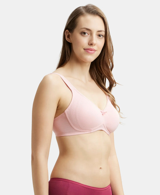 Wirefree Non Padded Super Combed Cotton Elastane Full Coverage Everyday Bra with Contoured Shaper Panel and Adjustable Straps - Candy Pink-2